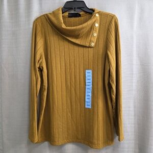 Rafaella Ribbed Knit Golden Brown Asymmetrical Button Cowl Neck Top Women’s L